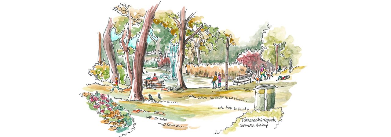 Drawing: People spending time in Türkenschanzpark (park in Vienna´s 18th district)