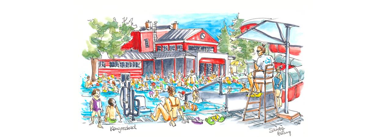Drawing: Well-attended municipal open-air swimming pool 'Kongreßbad' in summer